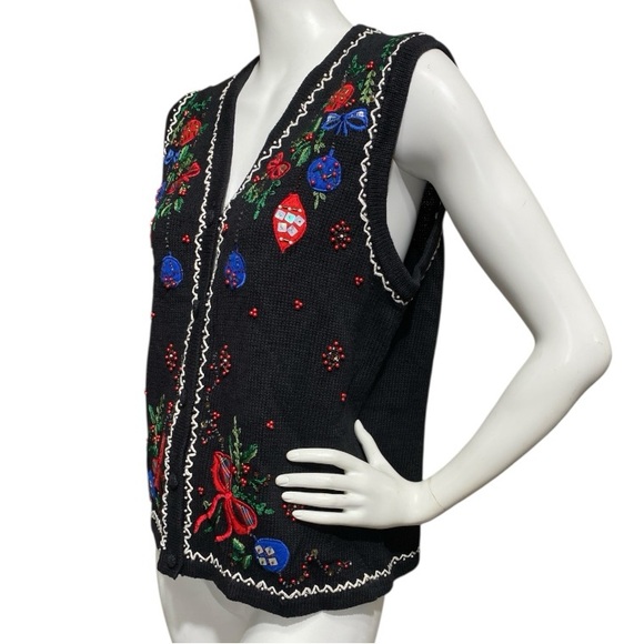 ERIKA Black Embroidered Sequins Ugly Christmas Holiday Vest Sweater Size Large - Picture 5 of 16